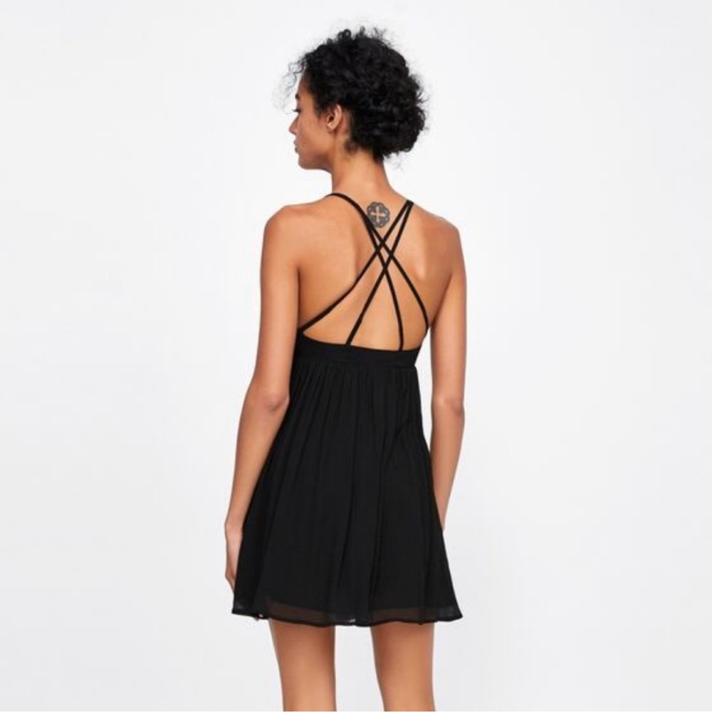 Zara Black Beaded Mini Dress Flowy Crepe Skirt V-Neck Size Small - Picture 8 of 10